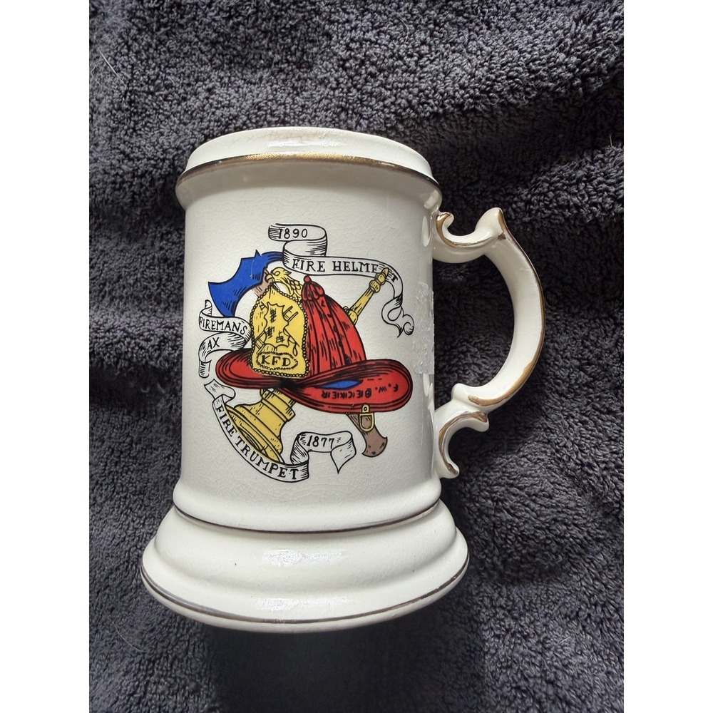 Moustache Mug coffee cup Stein Gold Rim Firemen Helmet Ax Fire Trumpet